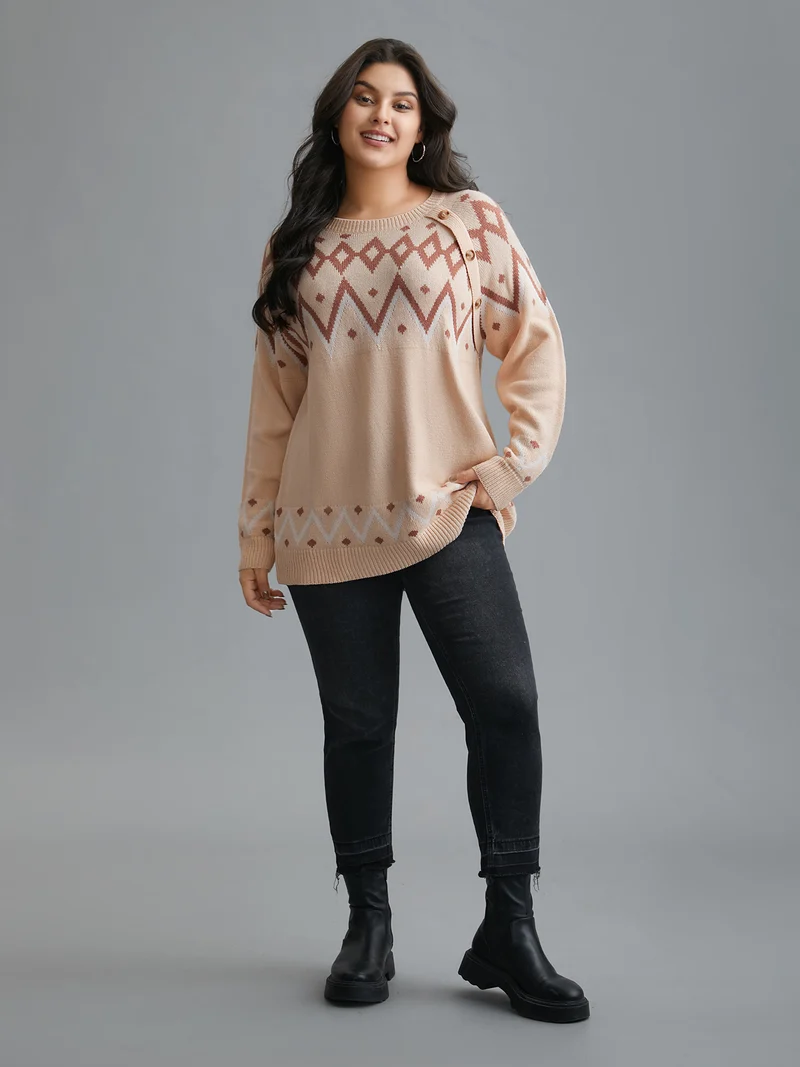 Jacquard Print Button Round Neck Pullover