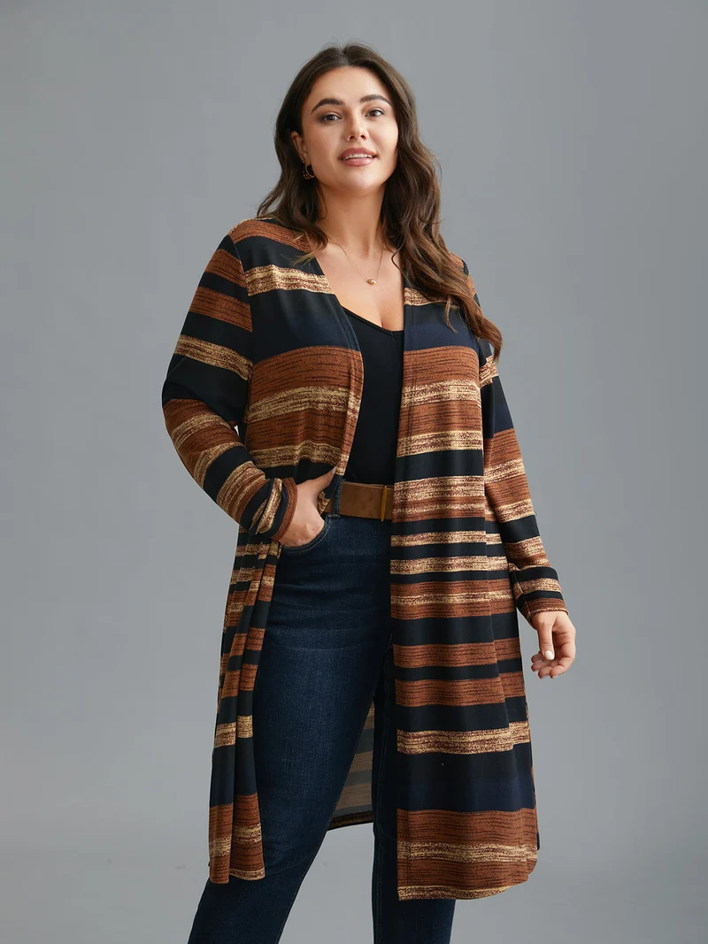 Multi-Color Striped Open-Front Long Jacket