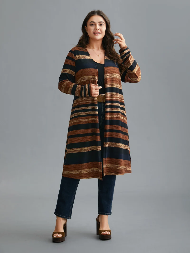 Multi-Color Striped Open-Front Long Jacket