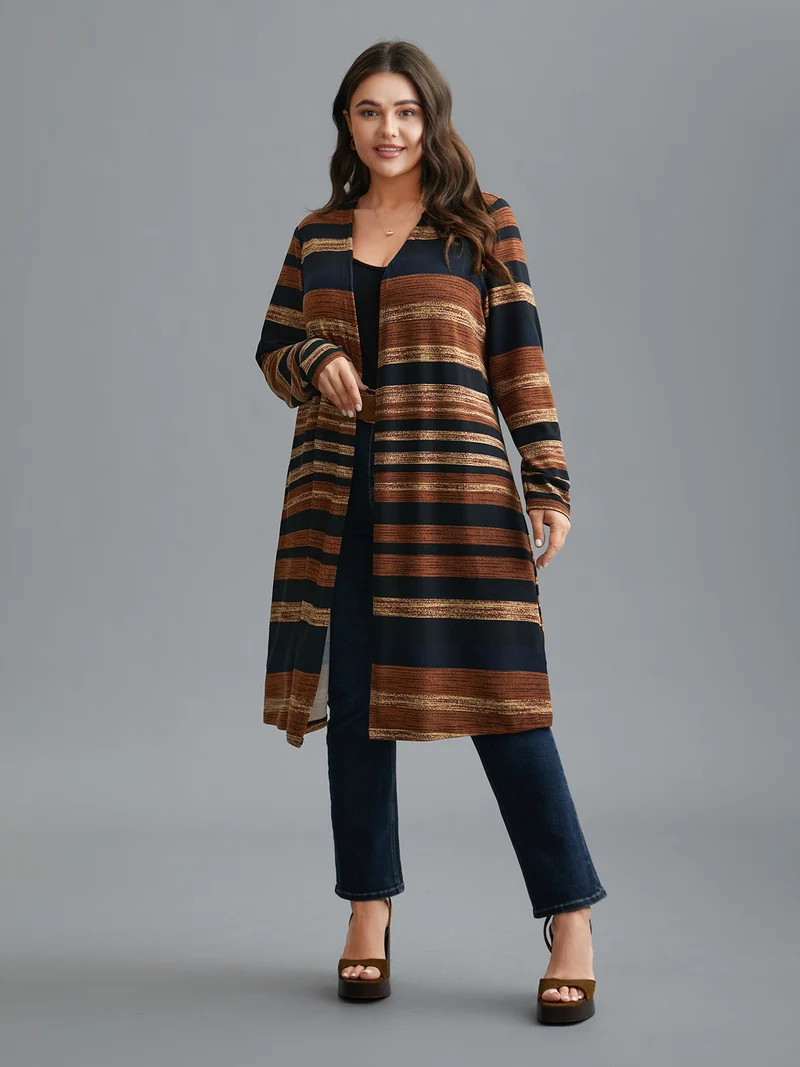 Multi-Color Striped Open-Front Long Jacket