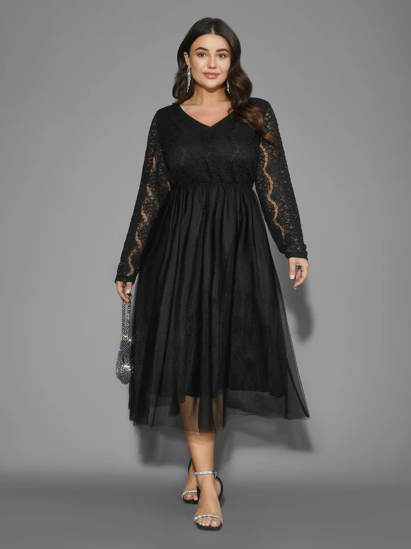 V Neck Crochet Lace Mesh Dress