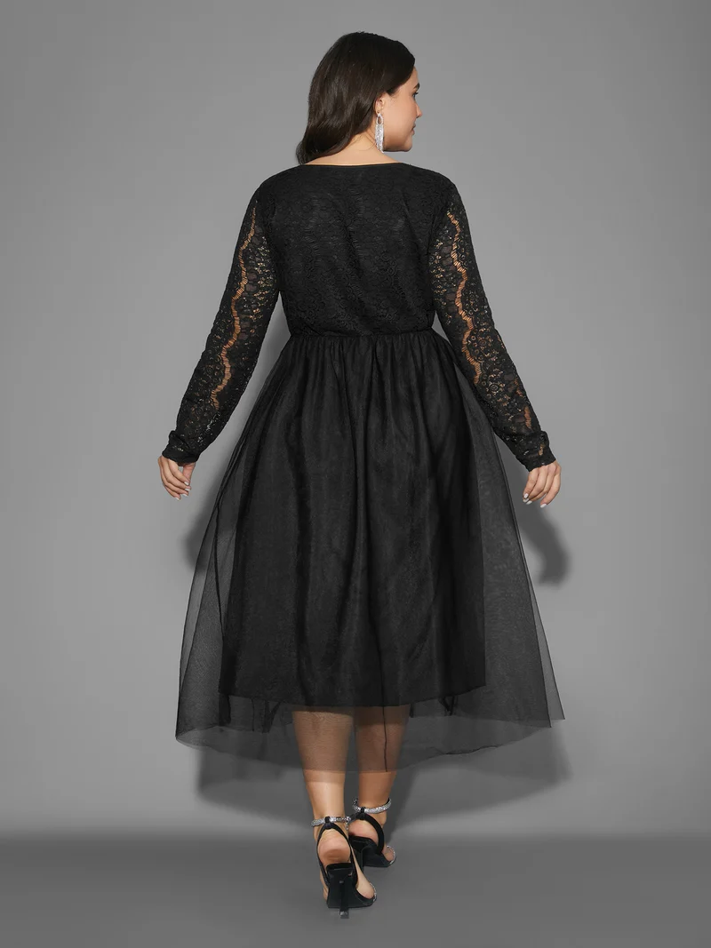 V Neck Crochet Lace Mesh Dress