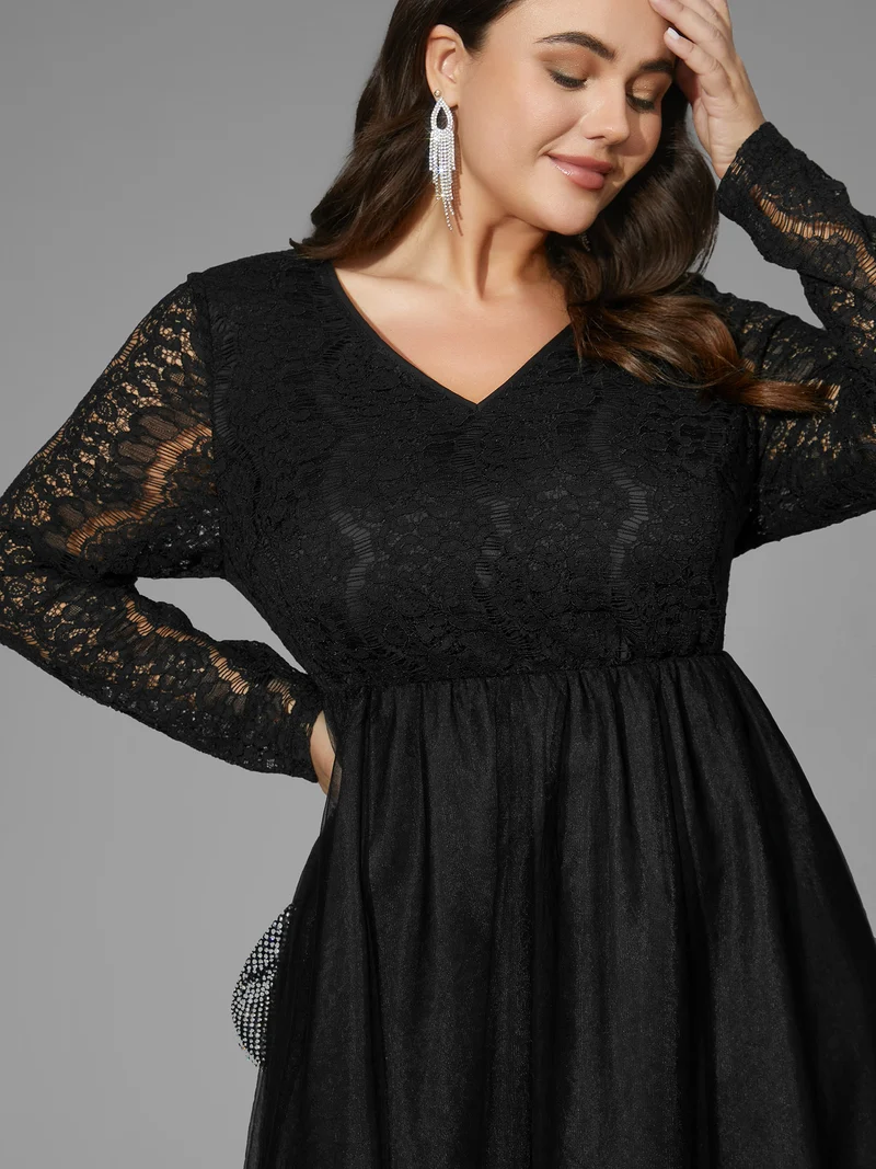 V Neck Crochet Lace Mesh Dress