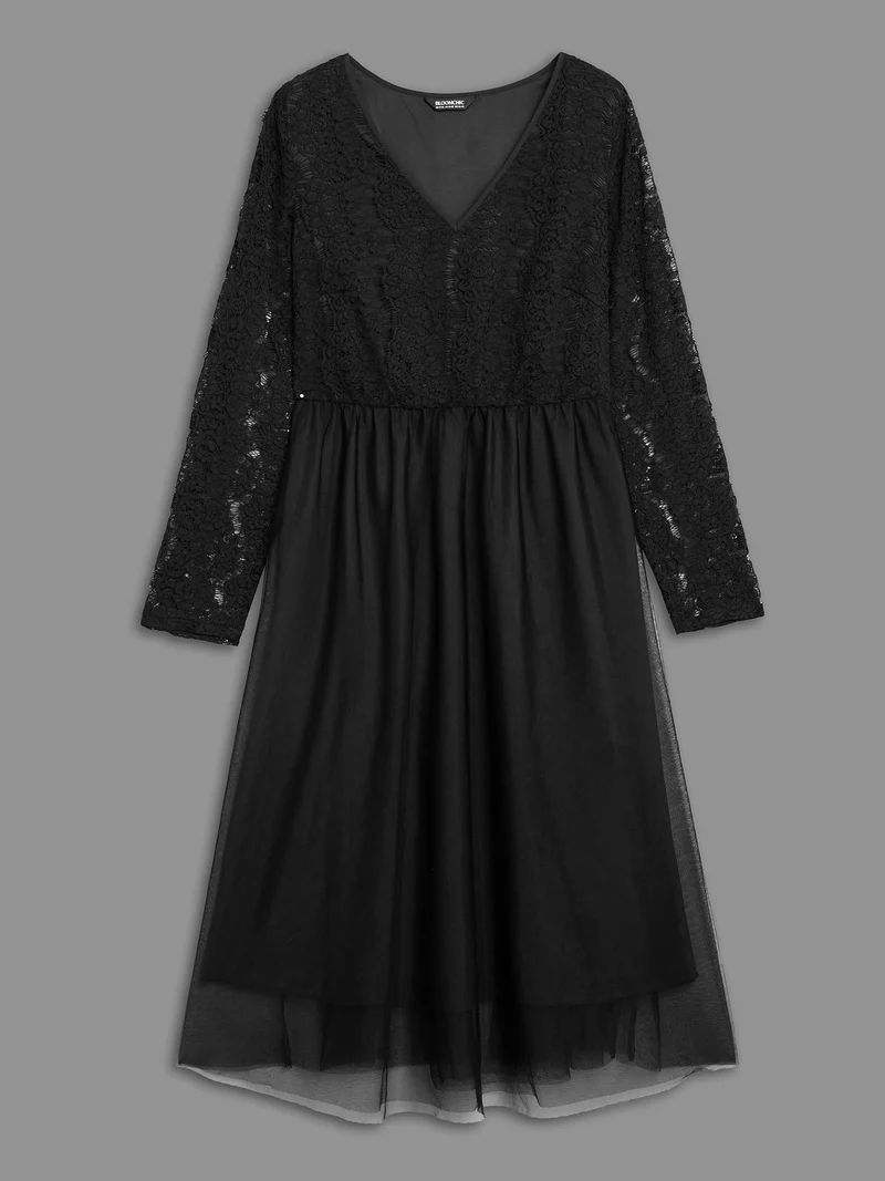 V Neck Crochet Lace Mesh Dress