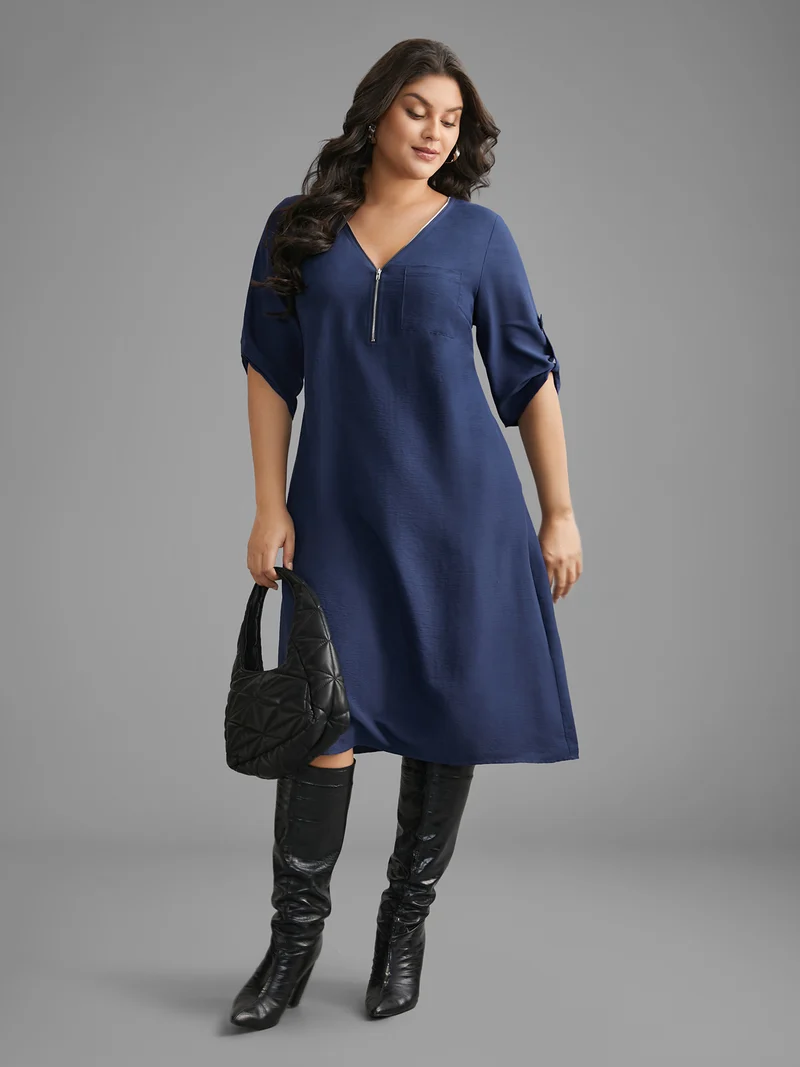 Solid Half Zip Tab Sleeve Dress