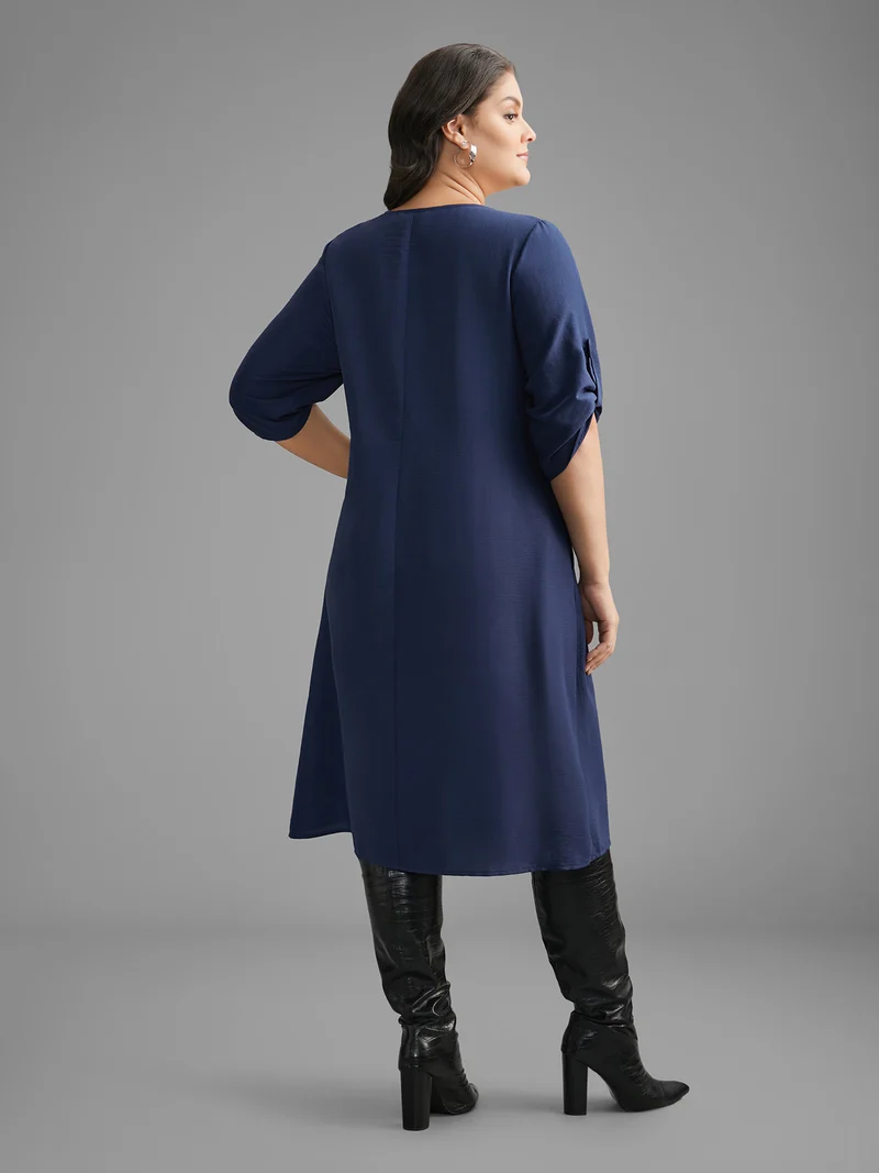 Solid Half Zip Tab Sleeve Dress
