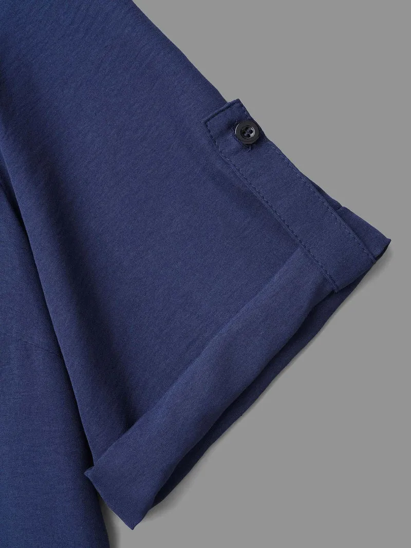 Solid Half Zip Tab Sleeve Dress