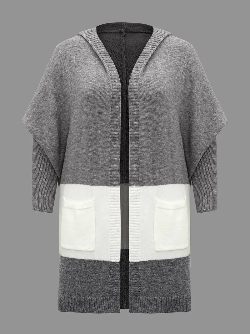Color Block Dolman Sleeves Hooded Knit Cardigan