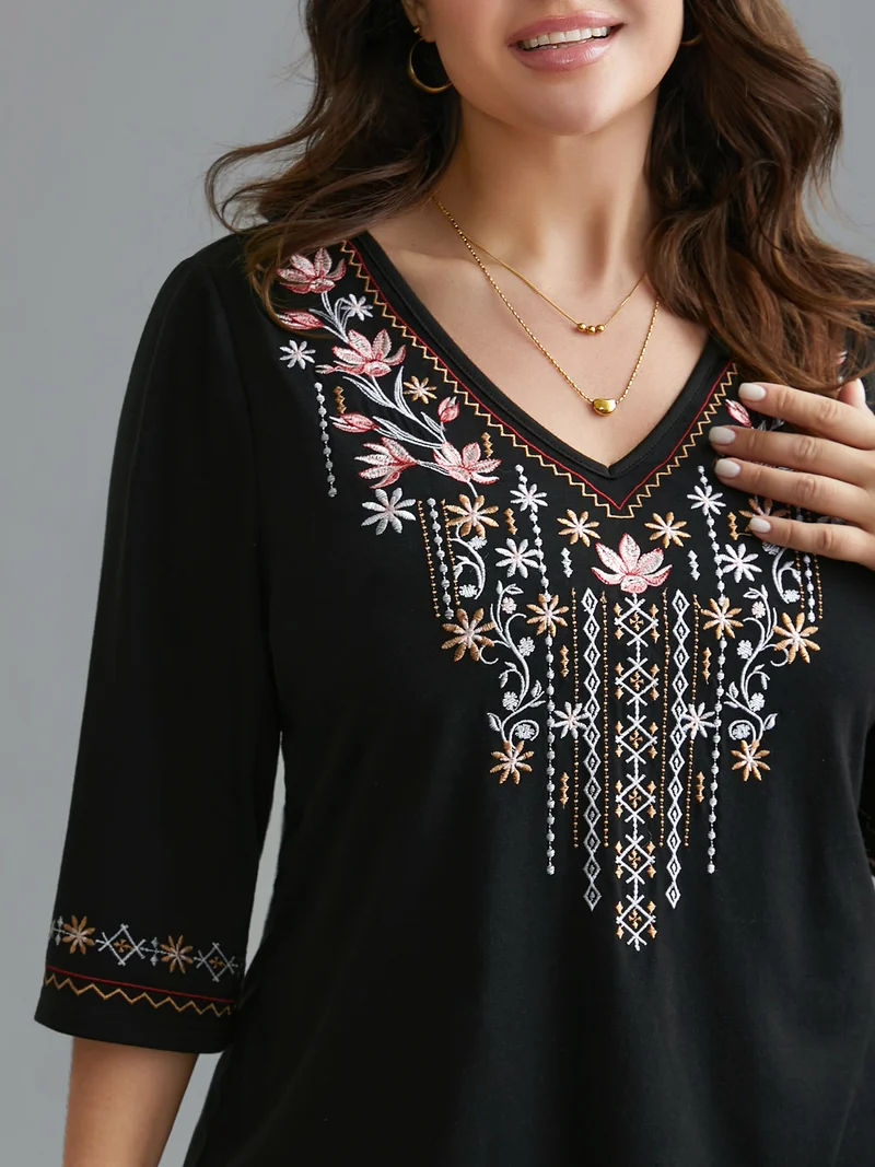 Floral Embroidered V-Neck T-shirt