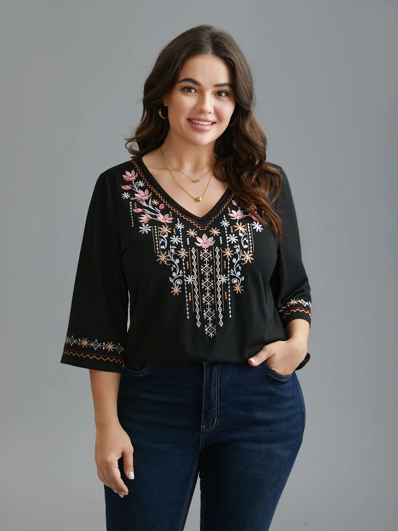 Floral Embroidered V-Neck T-shirt