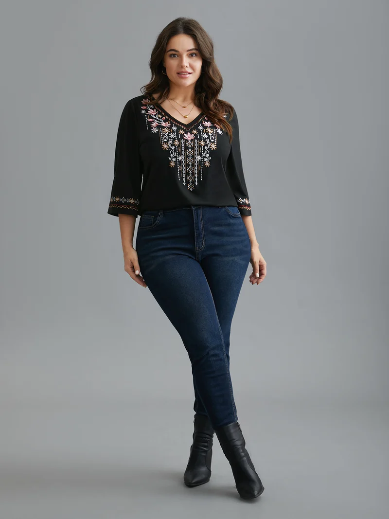 Floral Embroidered V-Neck T-shirt