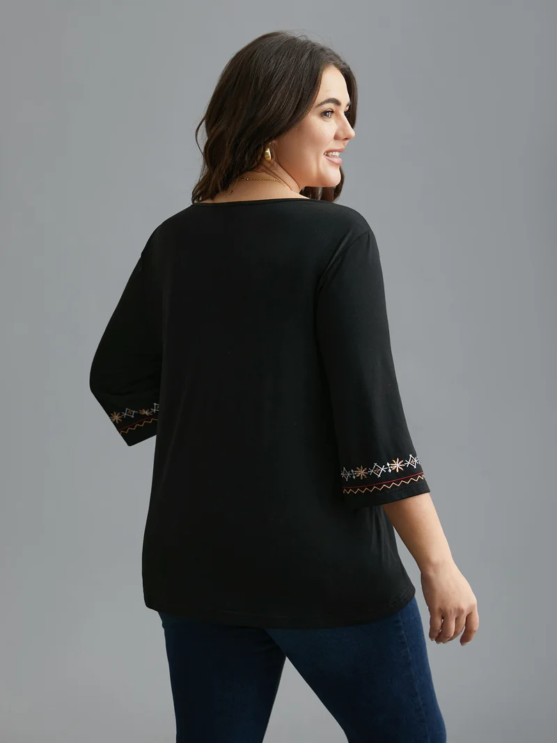 Floral Embroidered V-Neck T-shirt