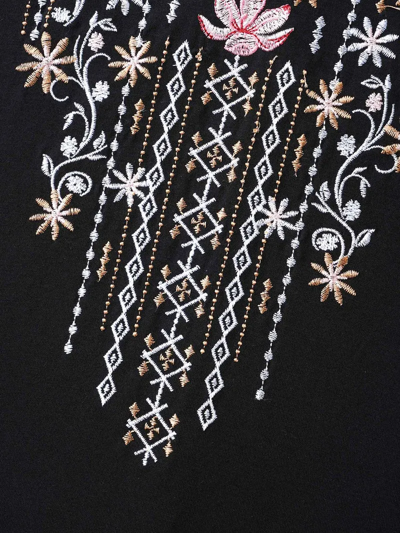 Floral Embroidered V-Neck T-shirt