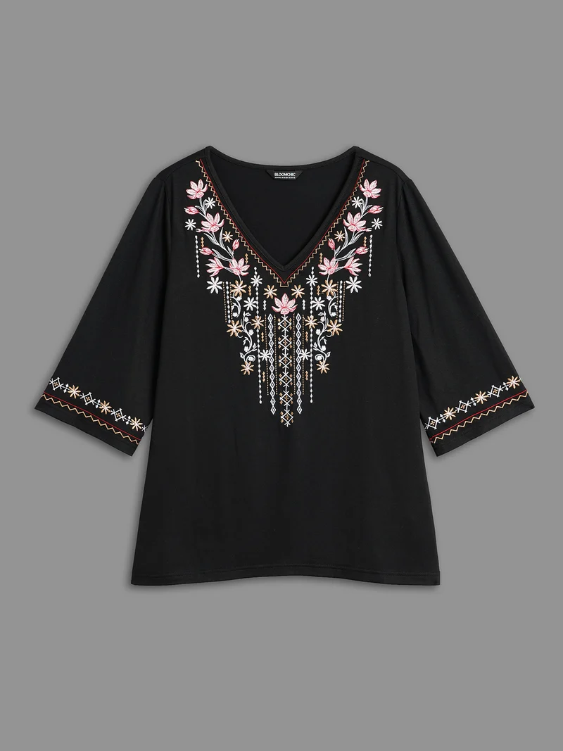 Floral Embroidered V-Neck T-shirt