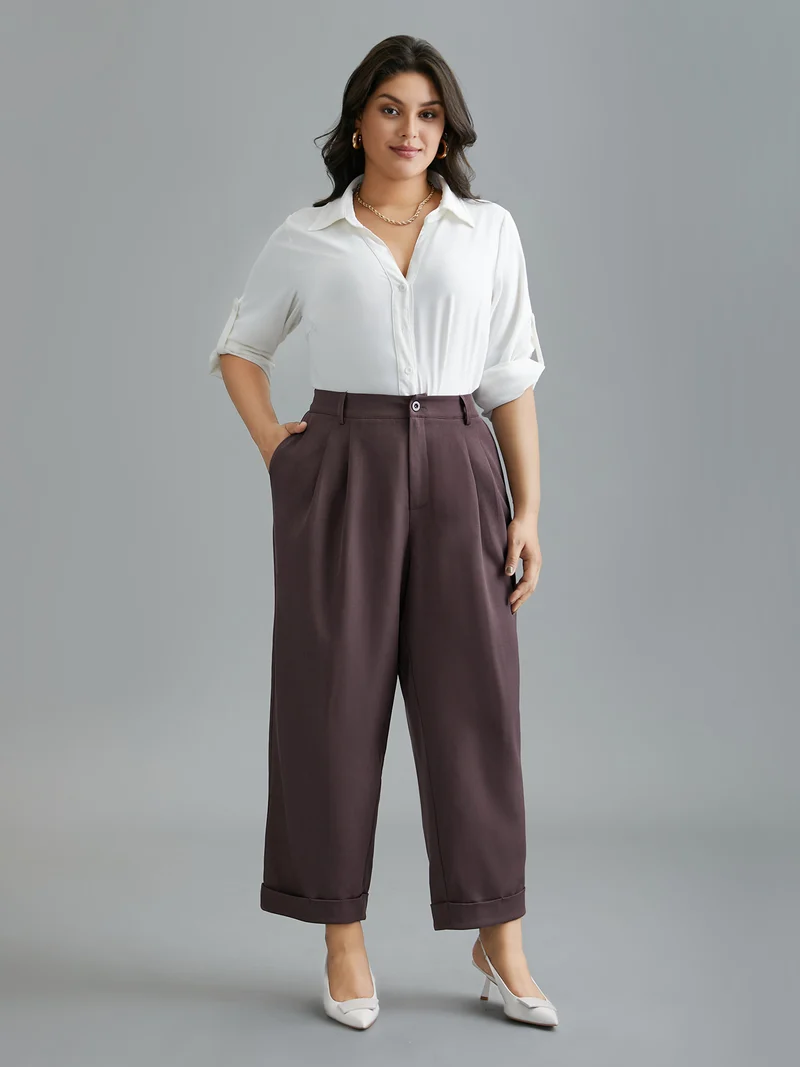 Cuffed Hem Pleated Straight Leg Pants