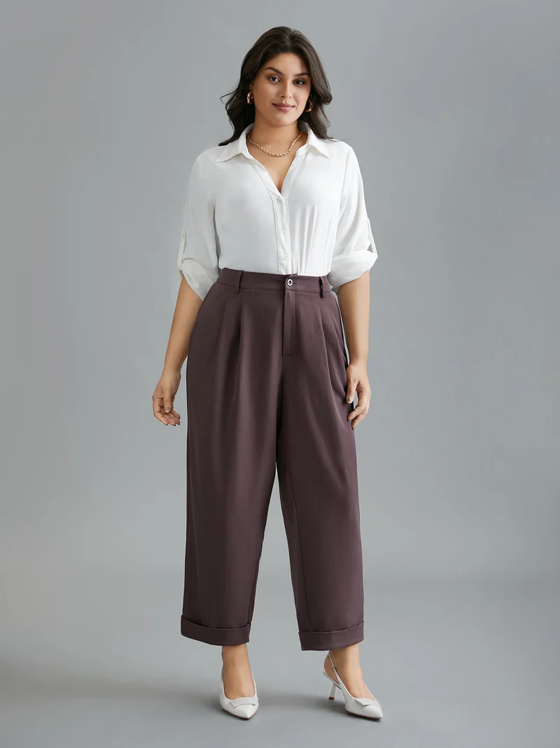 Cuffed Hem Pleated Straight Leg Pants