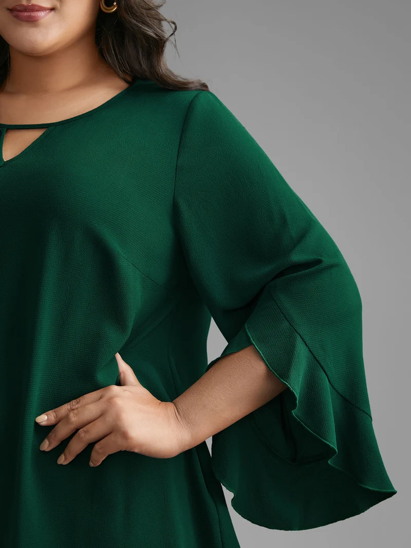 Solid Keyhole Ruffle Sleeve Blouse