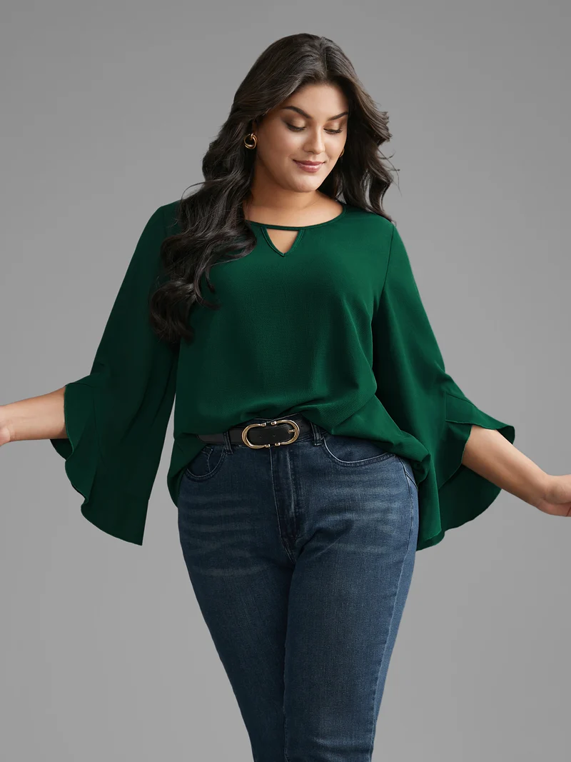 Solid Keyhole Ruffle Sleeve Blouse