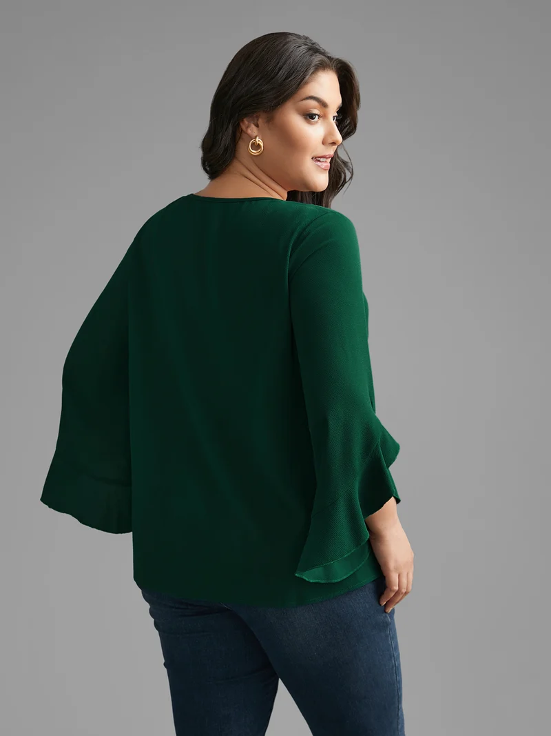 Solid Keyhole Ruffle Sleeve Blouse