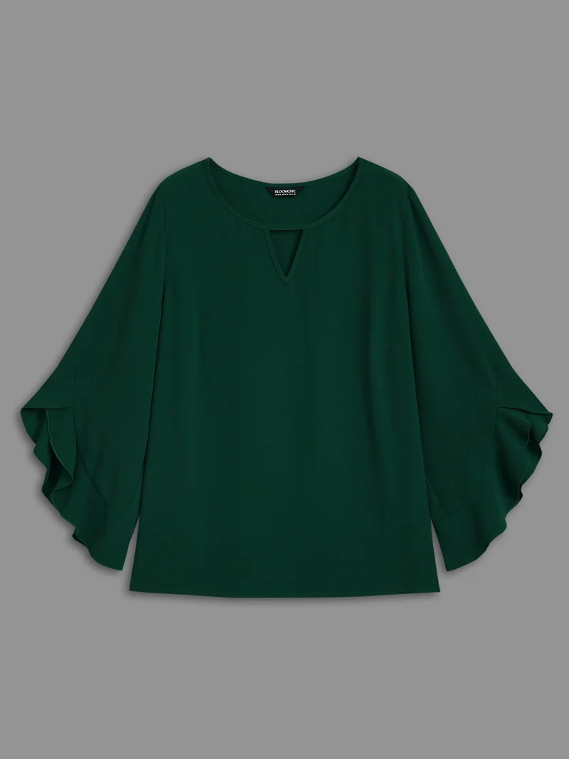 Solid Keyhole Ruffle Sleeve Blouse