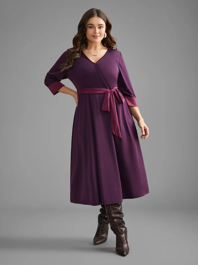 Overlap Collar Contrast Belted Midi Dress