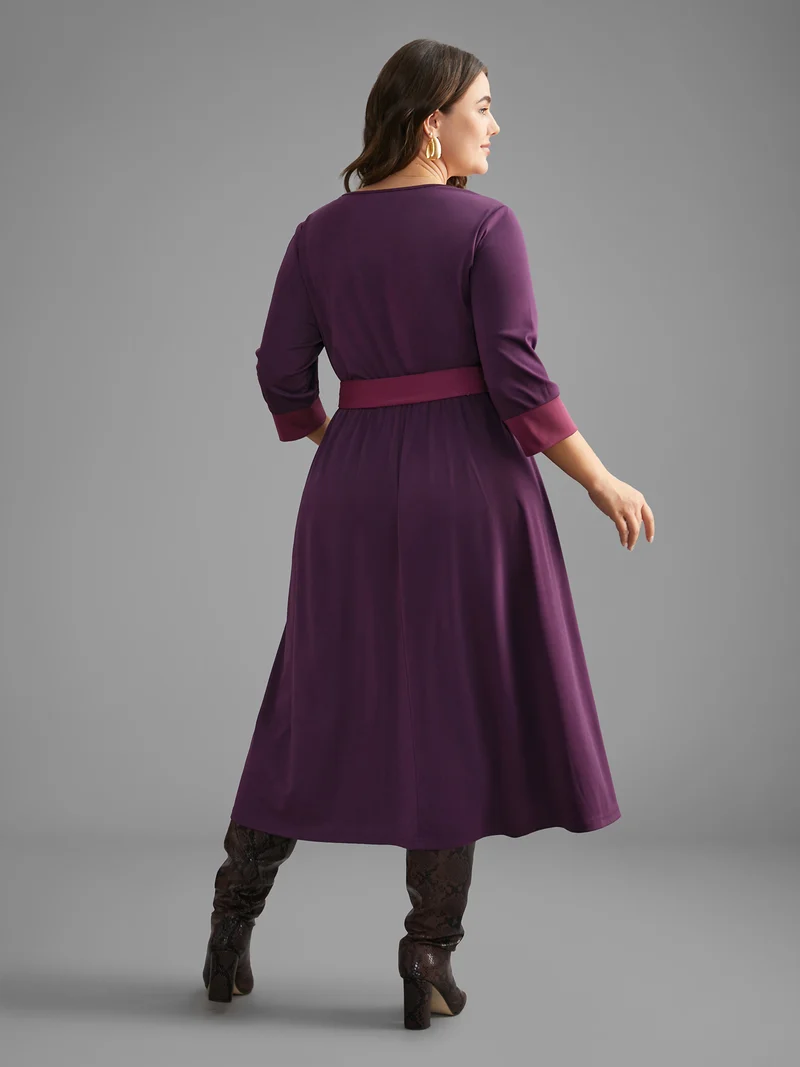 Overlap Collar Contrast Belted Midi Dress