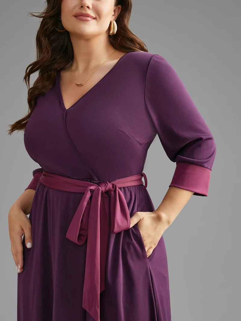 Overlap Collar Contrast Belted Midi Dress