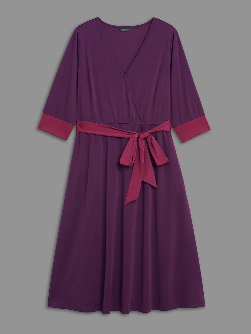 Overlap Collar Contrast Belted Midi Dress