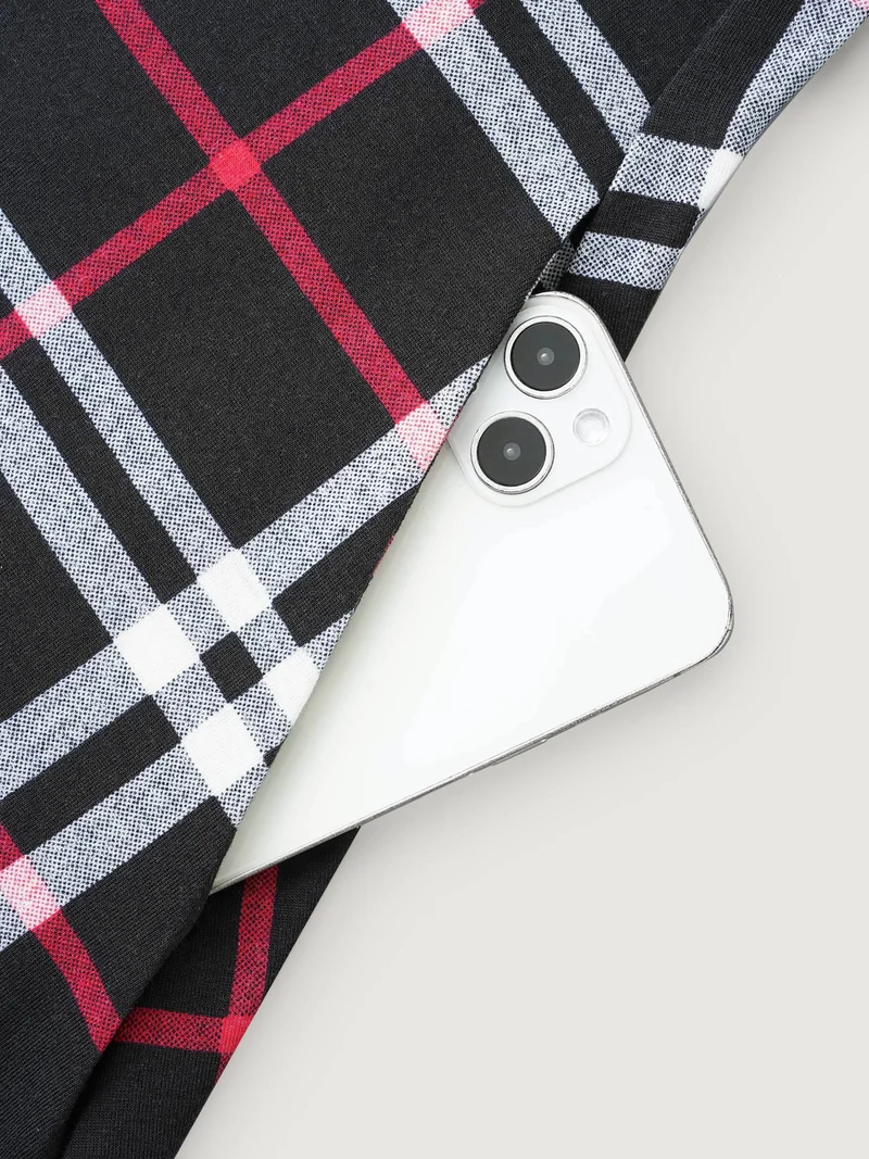 Plaid Asymmetrical Hem Pocket T-shirt