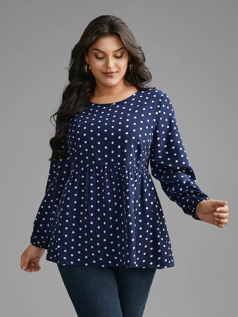 Polka Dot Gathered Lantern Sleeve Blouse