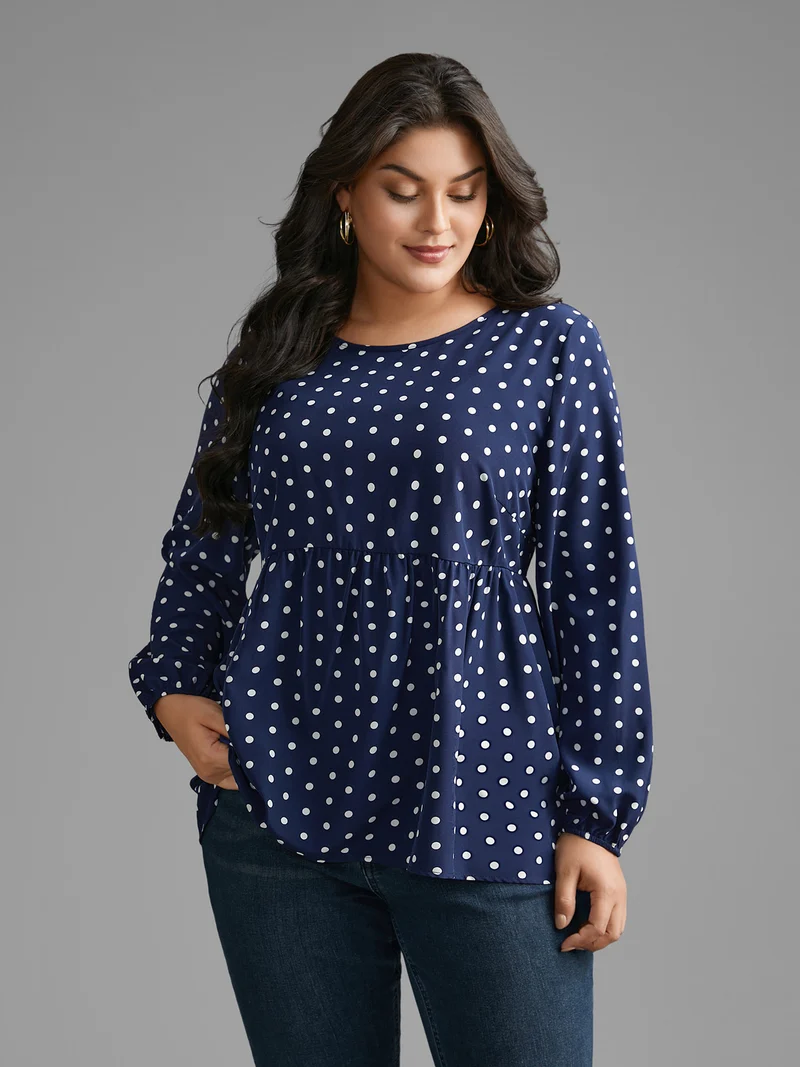 Polka Dot Gathered Lantern Sleeve Blouse
