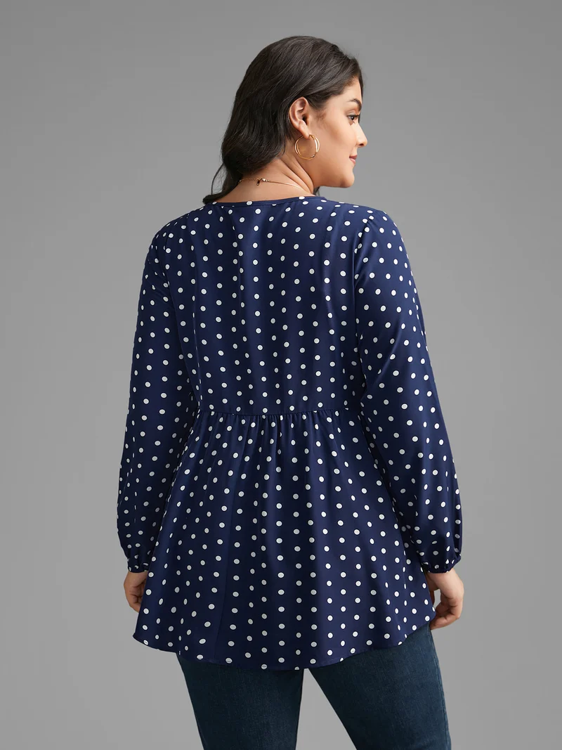 Polka Dot Gathered Lantern Sleeve Blouse