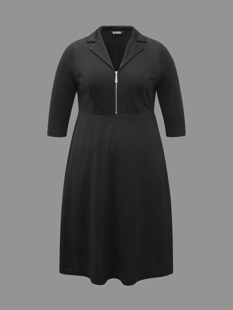 Suit Collar Half Zip Midi Dress