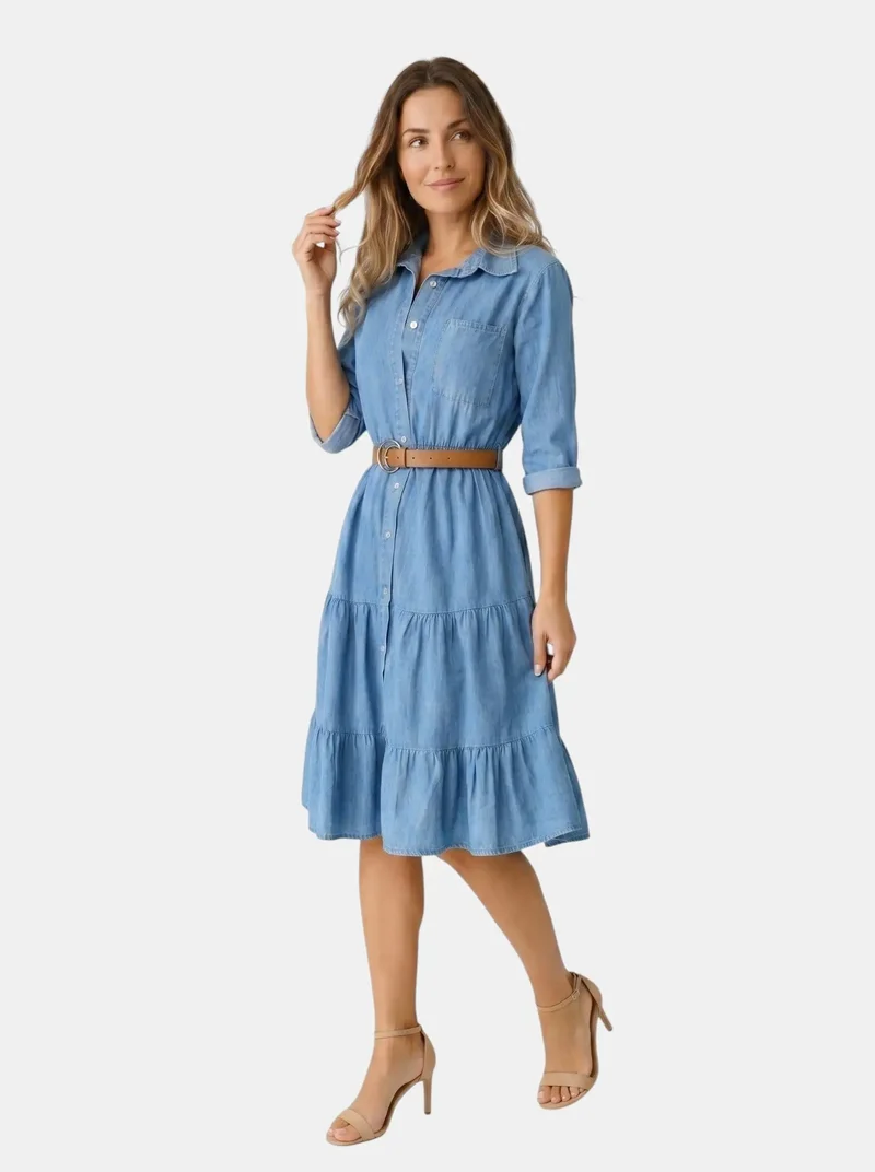 Women's Stylish Denim Midi Dress | Chic Tiered Summer Outfit