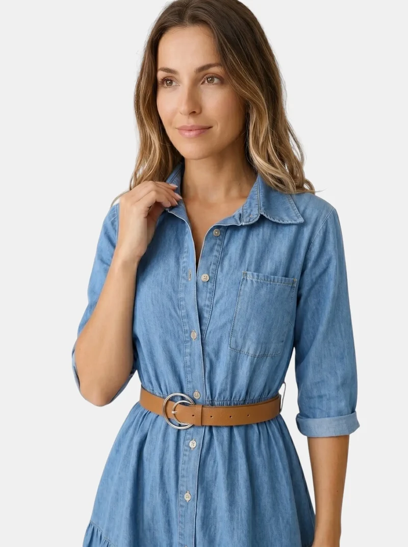 Women's Stylish Denim Midi Dress | Chic Tiered Summer Outfit