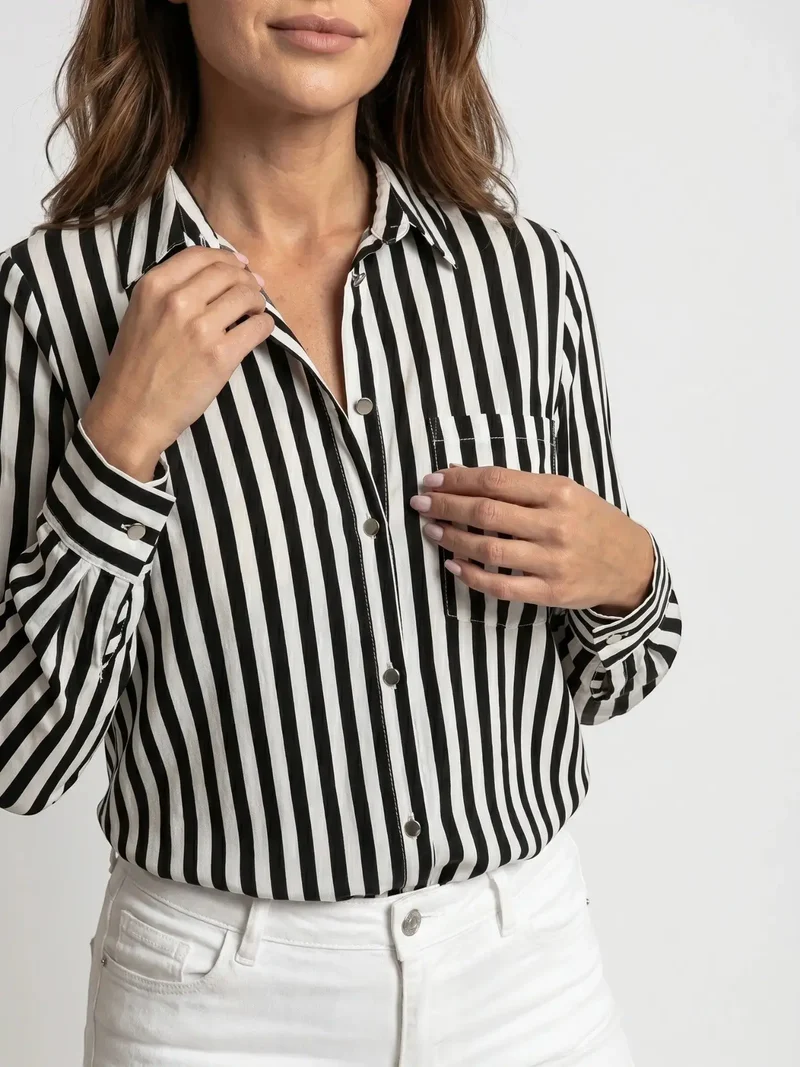 Women's Striped Tailored Blouse | Elegant Slim Fit Long Sleeve Top