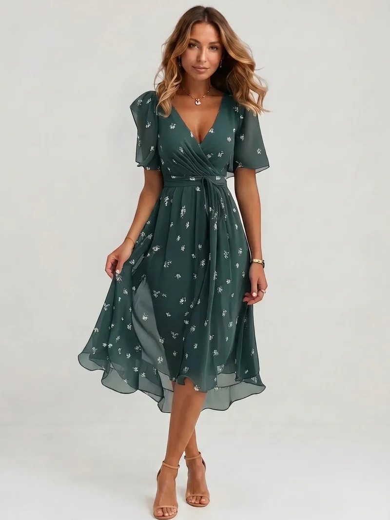 Women's Floral Print Cotton Midi Dress | Elegant Wrap Summer Dress