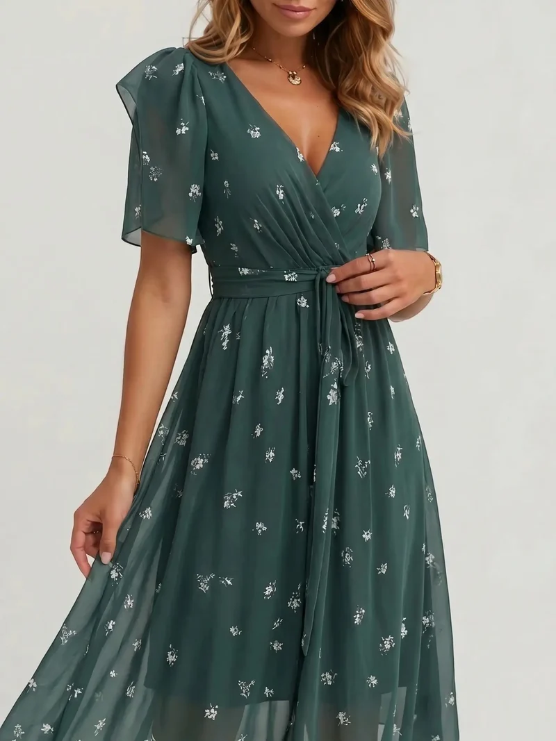 Women's Floral Print Cotton Midi Dress | Elegant Wrap Summer Dress