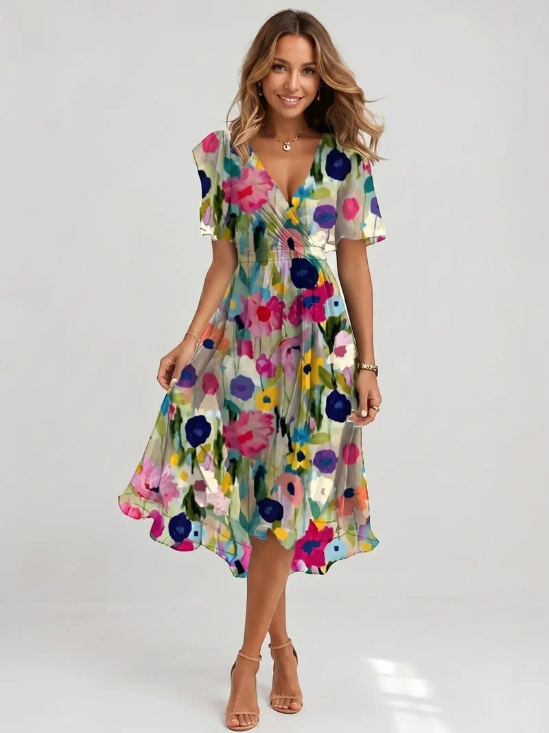 Women's Floral Print Cotton Midi Dress | Elegant Wrap Summer Dress