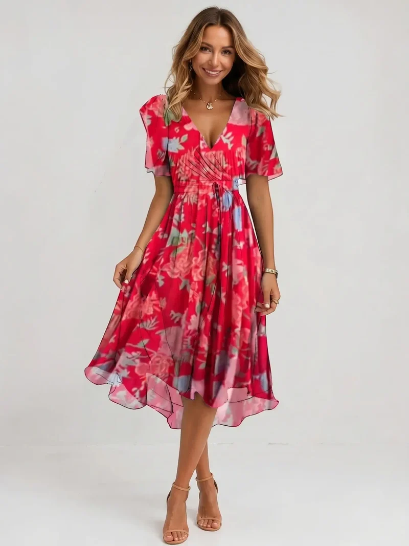 Women's Floral Print Cotton Midi Dress | Elegant Wrap Summer Dress