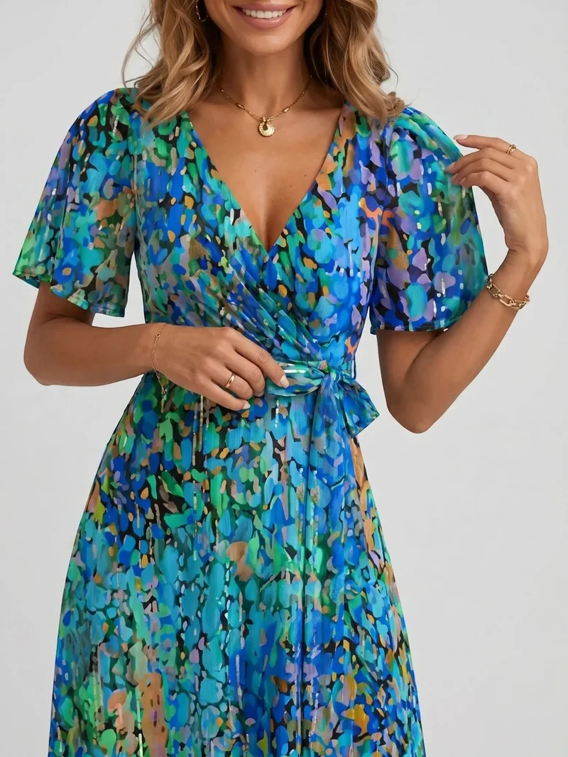 Women's Floral Print Cotton Midi Dress | Elegant Wrap Summer Dress