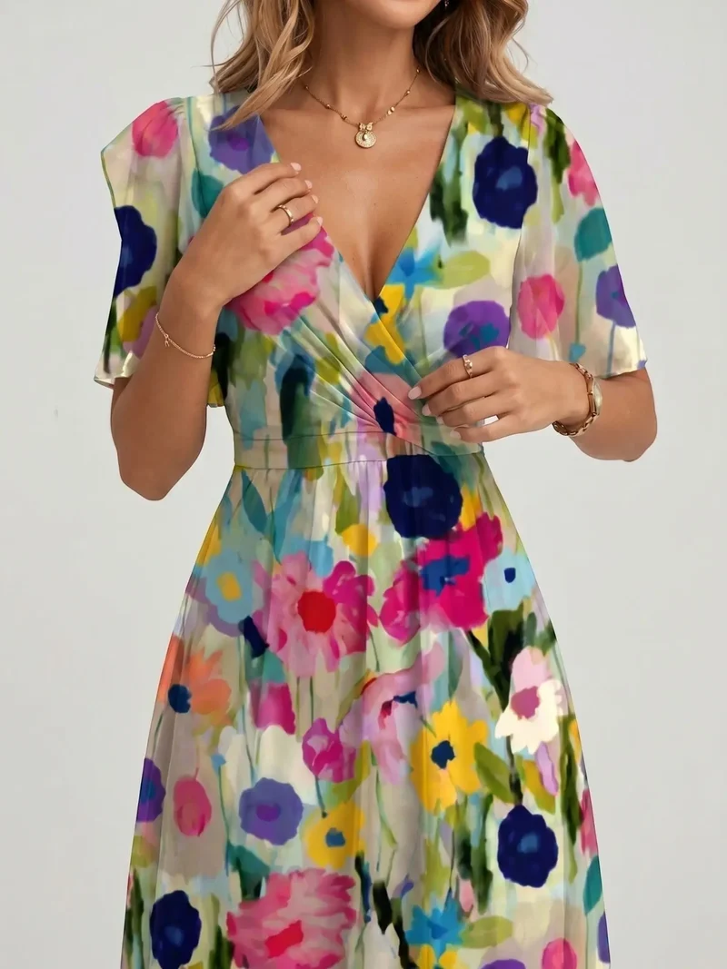 Women's Floral Print Cotton Midi Dress | Elegant Wrap Summer Dress