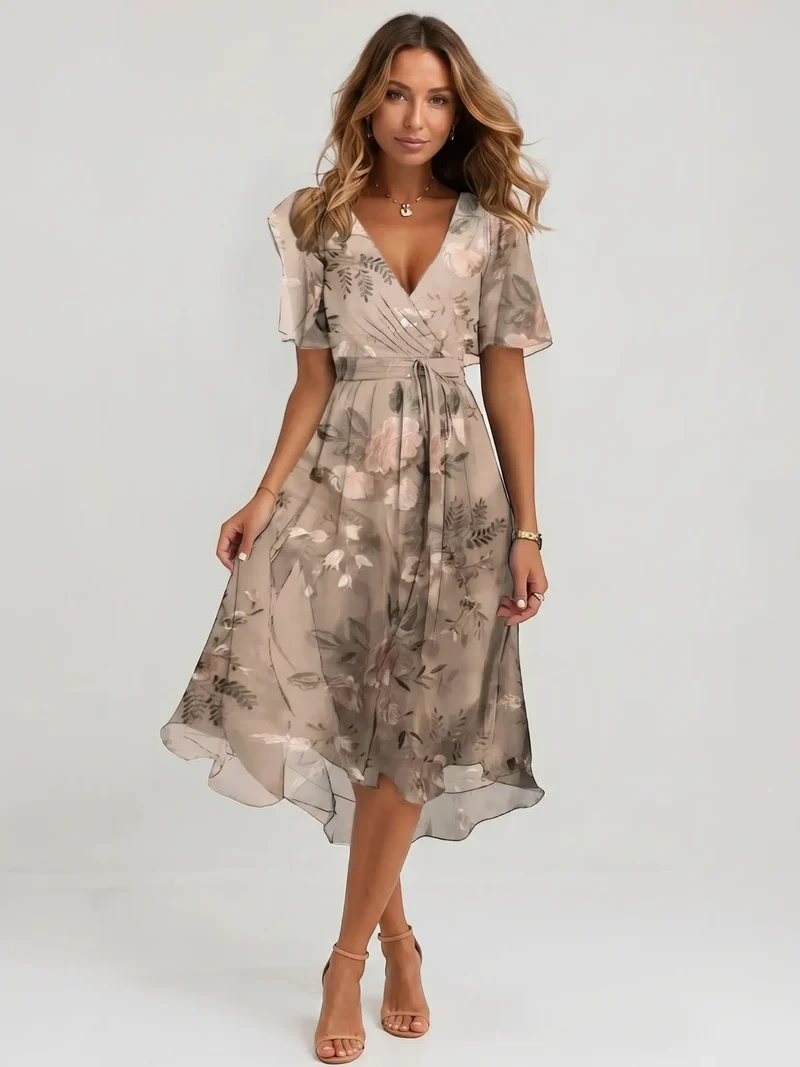 Women's Floral Print Cotton Midi Dress | Elegant Wrap Summer Dress