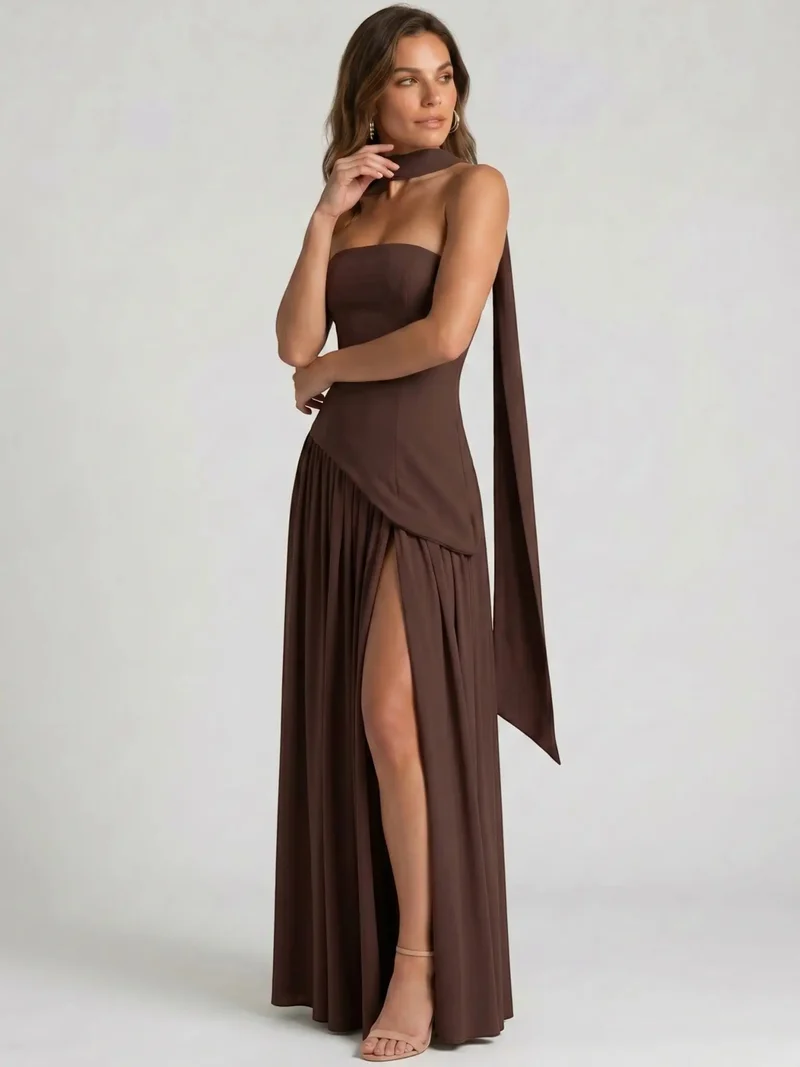 Women's Structured Cocktail Dress | Elegant Strapless High Slit Design