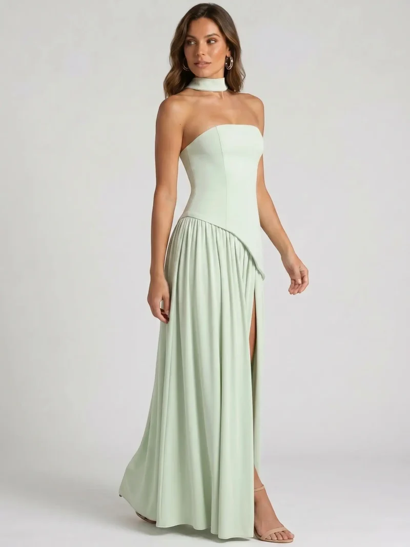 Women's Structured Cocktail Dress | Elegant Strapless High Slit Design