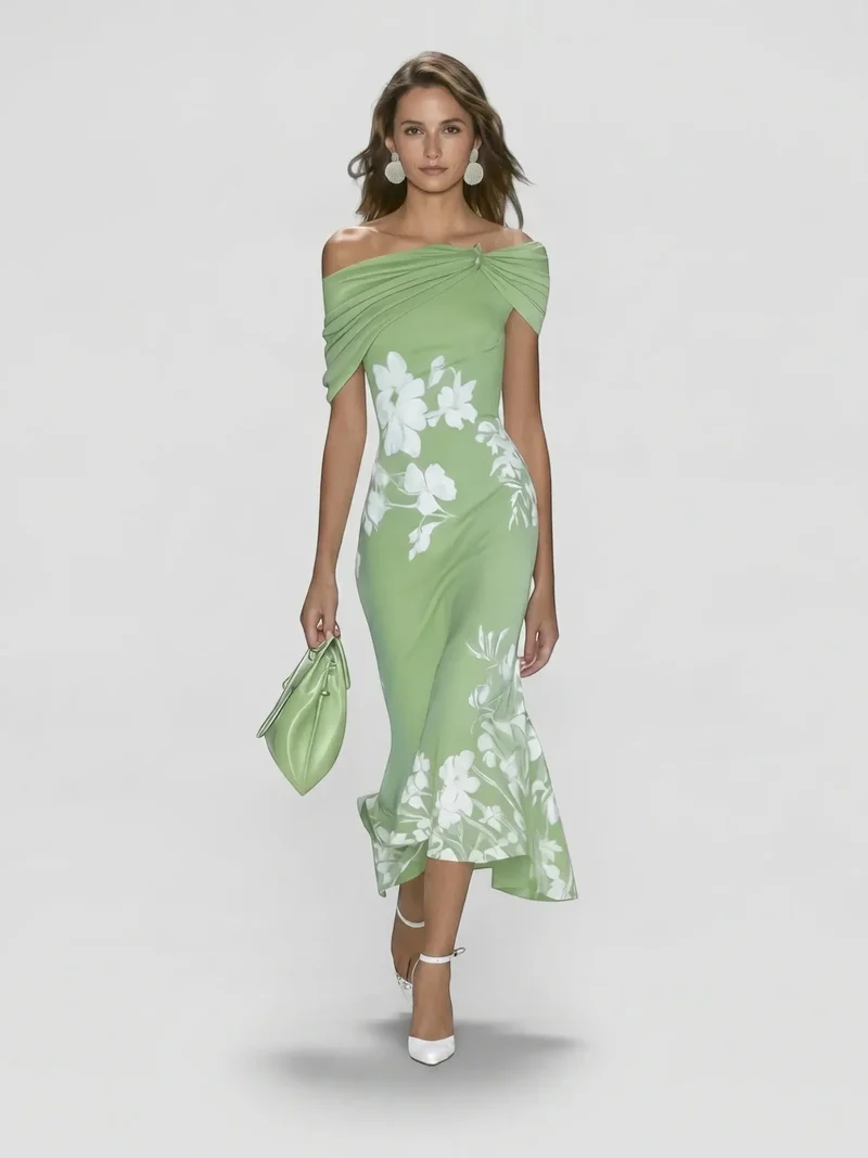 Women's Floral Midi Dress | Elegant Off-Shoulder Summer Dress