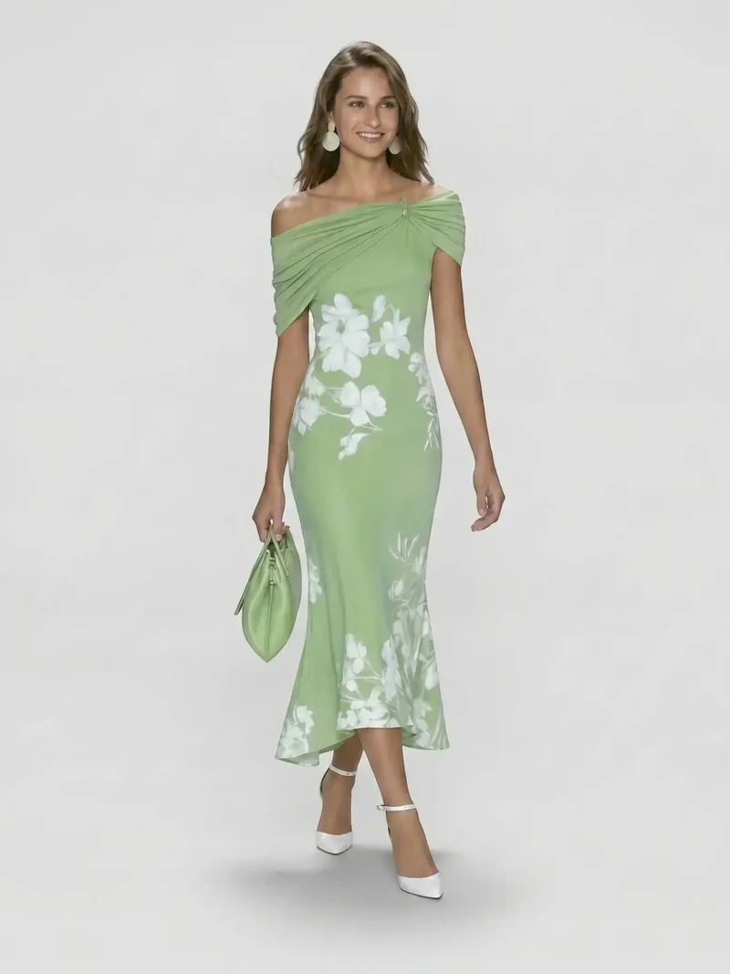 Women's Floral Midi Dress | Elegant Off-Shoulder Summer Dress