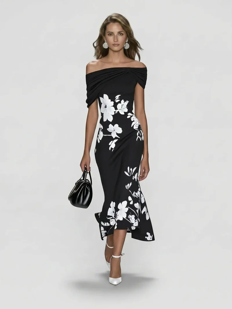 Women's Floral Midi Dress | Elegant Off-Shoulder Summer Dress