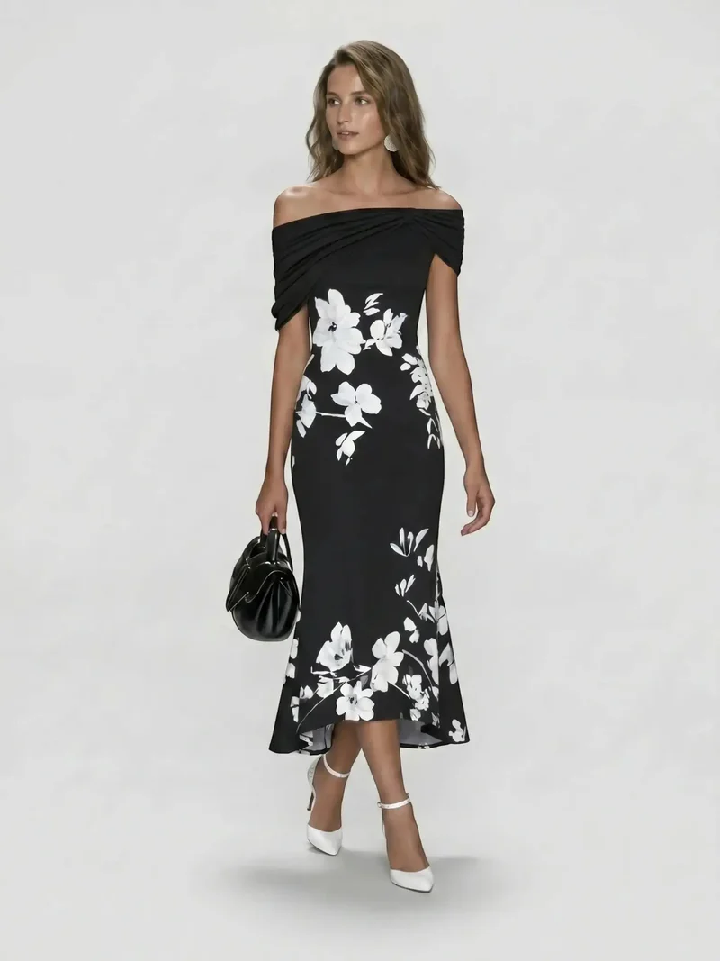 Women's Floral Midi Dress | Elegant Off-Shoulder Summer Dress