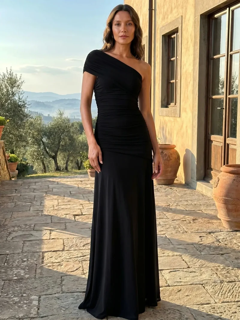 Women's Lightweight Asymmetrical Gathered Dress | Elegant Maxi Cocktail Evening Gown